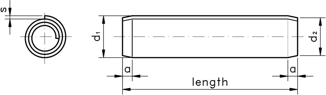technical drawing of Spiral Roll Pins, to ISO 8750