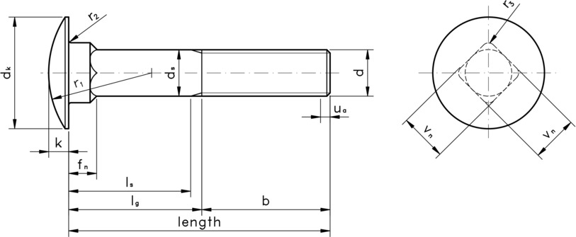 technical drawing of Coach Bolts (Cup Head Square Neck Bolts) with Nuts DIN 603 & DIN 555