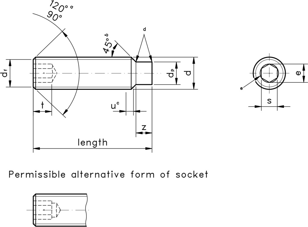 technical drawing of Dog Point Grub Screws, to ISO 4028 / DIN 915
