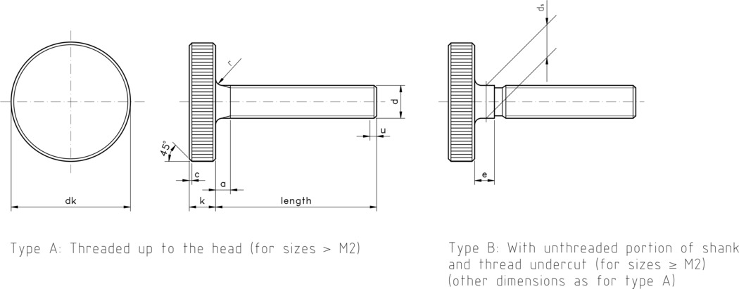 technical drawing of Knurled Thumb Screws (Low Type), to DIN 653