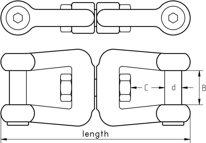 technical drawing of Shackle with Swivel Fork Fork Hex