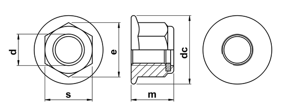 technical drawing of Hex Plain (Non-Serrated) Flange Nut with Nylon Insert