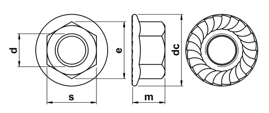 technical drawing of Hex Serrated Flange Nut EN 1661 (DIN 6923)