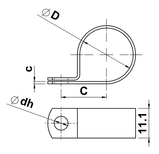 technical drawing of P Clips in Solid Brass