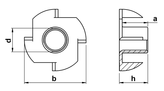 technical drawing of Pronged Tee Nuts (4 Prongs)