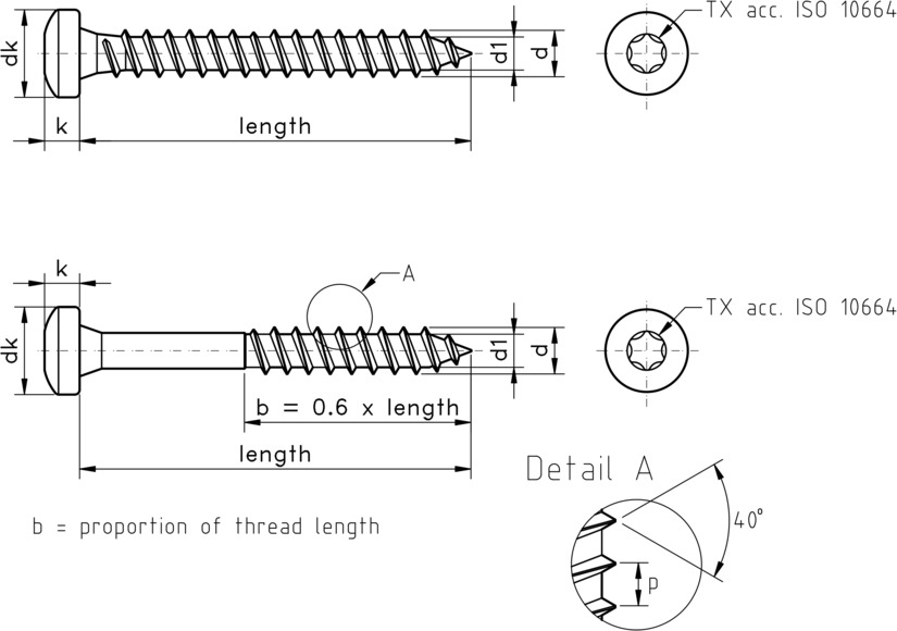 technical drawing of a torx pan head chipboard screw