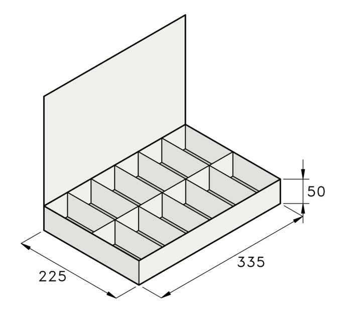 technical drawing of clear 12 fixed compartment assortment case.
