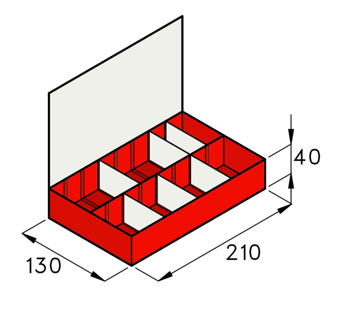 technical drawing of red 8 adjustable compartment assortment case.