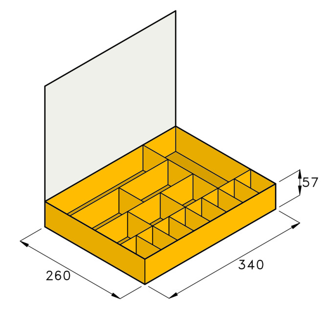 technical drawing of yellow fixed 15 compartment assortment case.