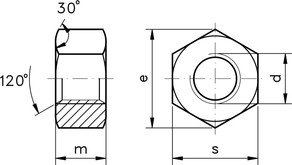 technical drawing of Full Hex Nuts (Standard Pitch), to DIN 934