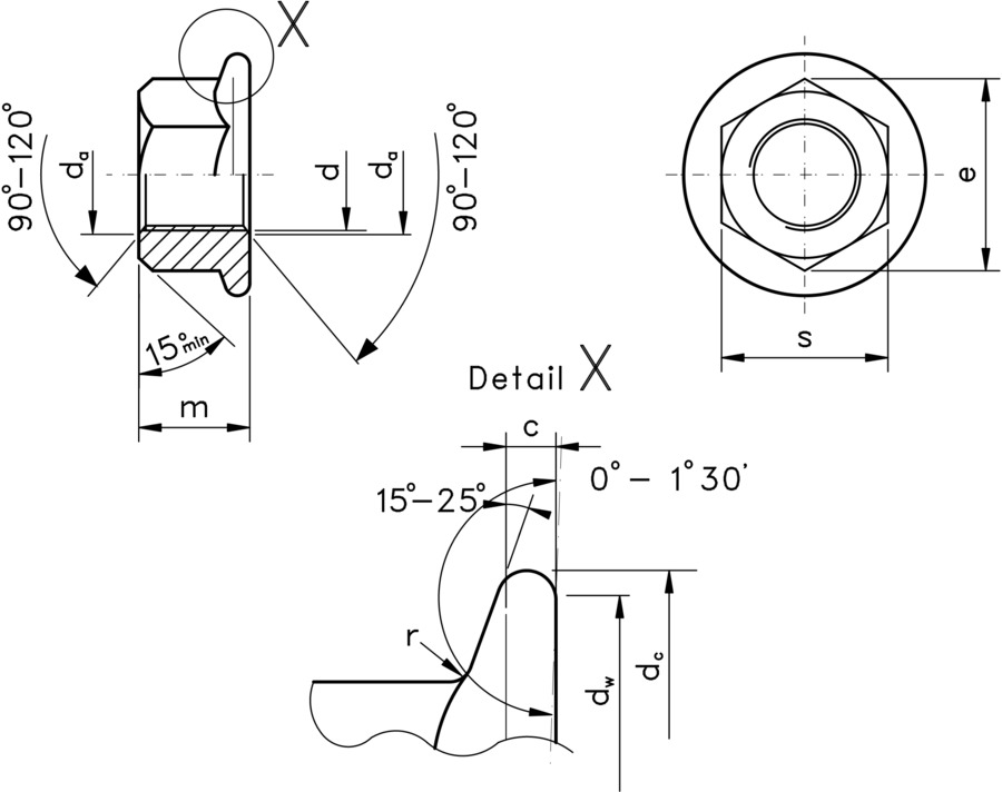 technical drawing of a plain hex flange nut with fine pitch, to DIN 6923