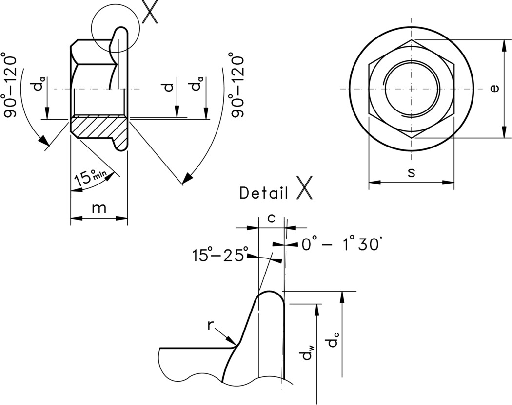 technical drawing of Hex Plain Flange Nuts - DIN 6923