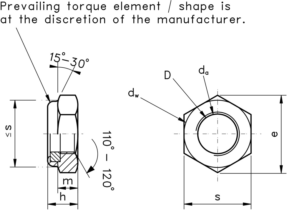 technical drawing of Thin Nyloc Nuts (Type T) DIN 985