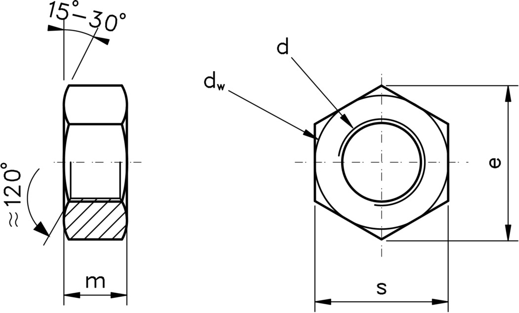 technical drawing of a full hex nut fine pitch, to DIN 934
