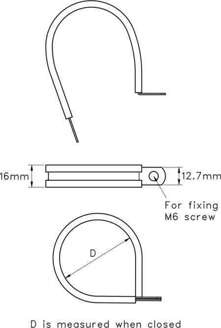 technical drawing of stainless steel rubber lined P clip