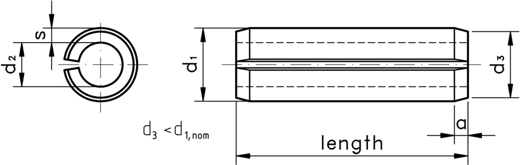 technical drawing of Slotted Spring Pins (Roll Pins), Heavy Duty Type, to ISO 8752 / DIN 1481