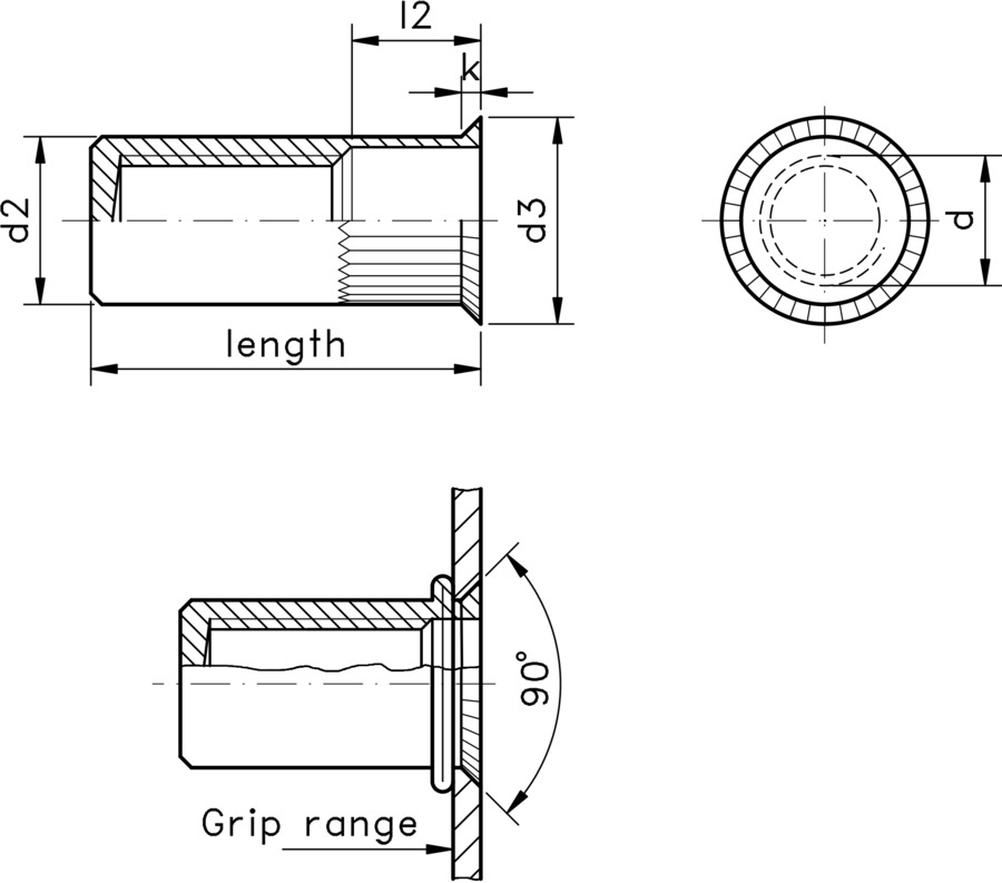 technical drawing of a blind rivet nut with a countersunk top, a straight knurled shank knurled body and closed end