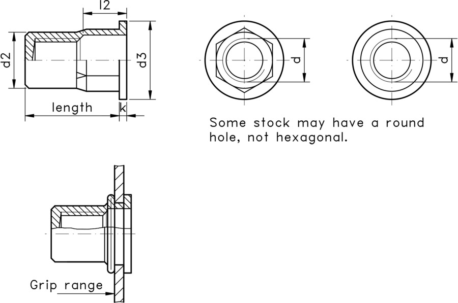 technical drawing of a blind rivet nut with a flat top, part hexagonal body and open end