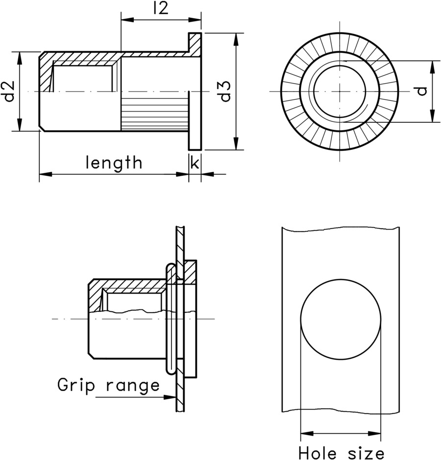 technical drawing of a blind rivet nut with a flat top, a straight knurled body and closed end