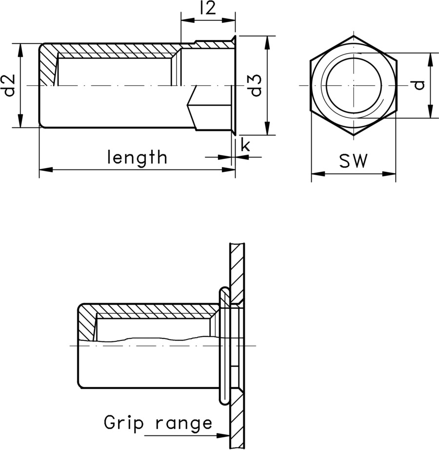 technical drawing of a blind rivet nut with a low countersunk head, part hexagonal body and closed end