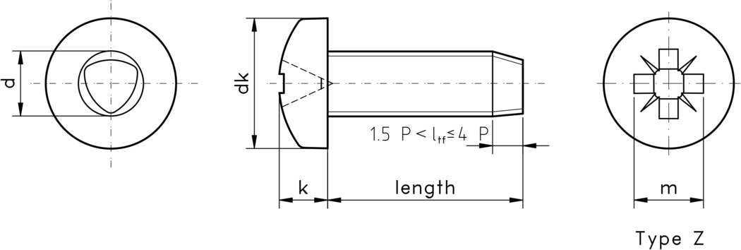 technical drawing of Pozi Pan Thread Rolling Screws for ISO Metric Threads - DIN 7500