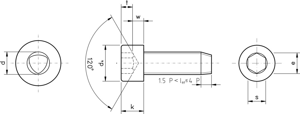 technical drawing of Socket Head Cap Thread Rolling Screws for ISO Metric Threads - DIN 7500