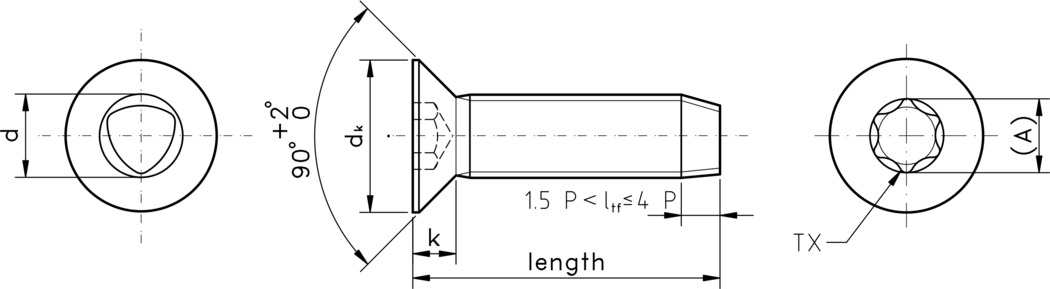 technical drawing of Torx Countersunk Thread Rolling Screws for ISO Metric Threads - DIN 7500