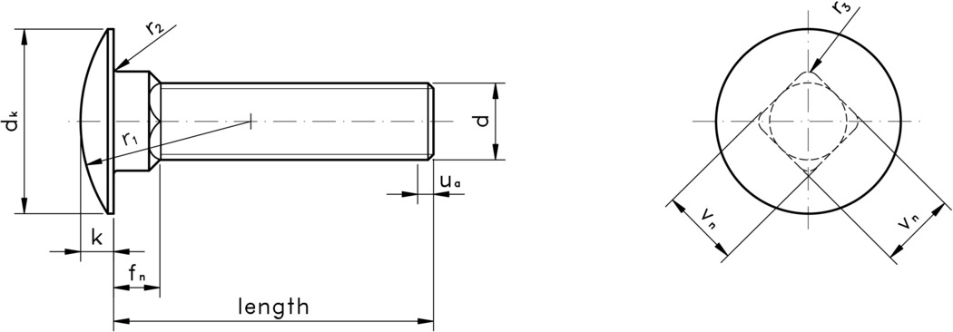 technical drawing of Coach Bolts (Cup Head Square Neck Bolts), with full thread to DIN 603