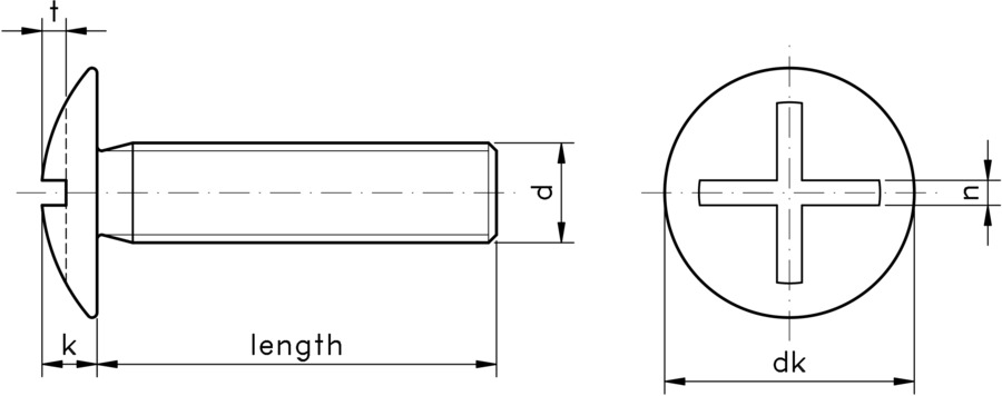 technical drawing of a cross slotted mushroom head machine screw