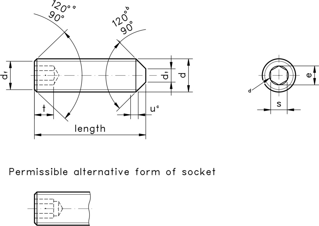 technical drawing of Cone Point Grub Screws, to ISO 4027 / DIN 914
