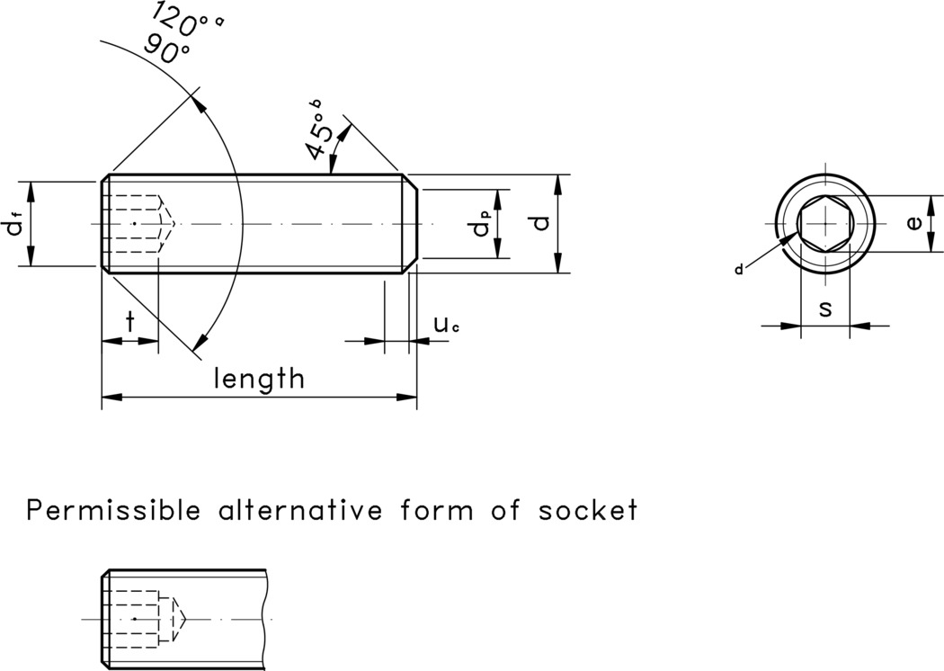 technical drawing of Flat Point Grub Screws, to ISO 4026 / DIN 913