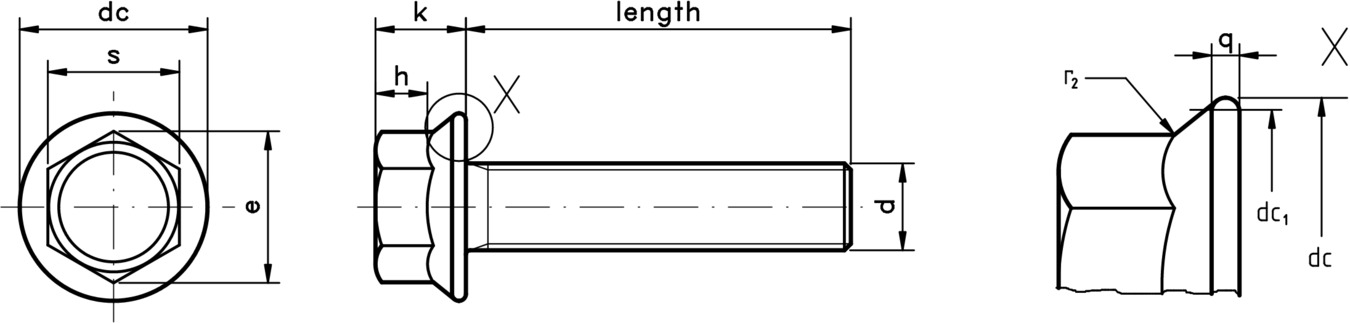 technical drawing of UNC Hex Head Flange Bolts - ASME B18.2.1