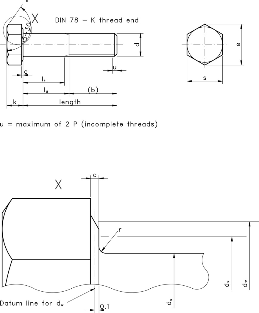 technical drawing of Hex Head Bolts (Partial Threaded Hex Bolt), to DIN 931