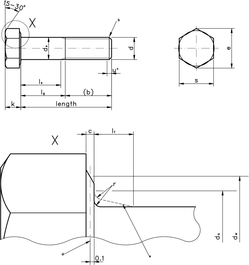 technical drawing of Hex Head Bolts (Partial Threaded Hex Bolt), to DIN 931