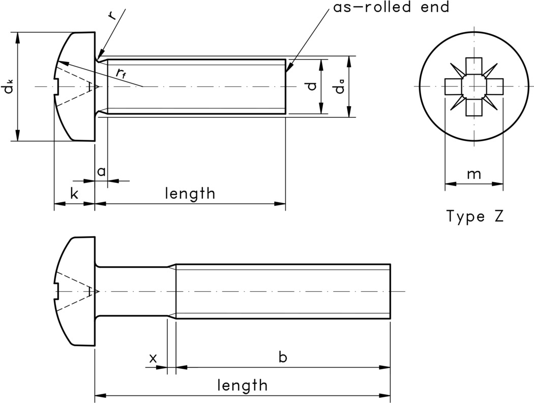 technical drawing of Pozi Pan Head Screws (type Z recess), to DIN 7985