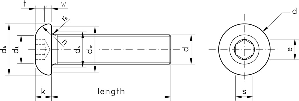 technical drawing of Socket Head Button Screws, to ISO 7380 part 1