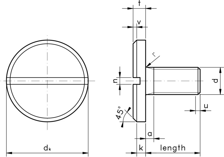 technical drawing of Slotted Pan Head Screws with Large Head, to DIN 921