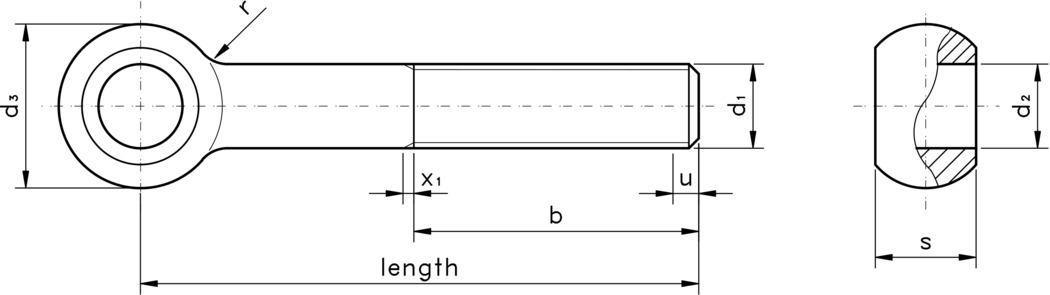 technical drawing of metric threaded swing bolt or eye bolt type B, to the DIN standard DIN 444.