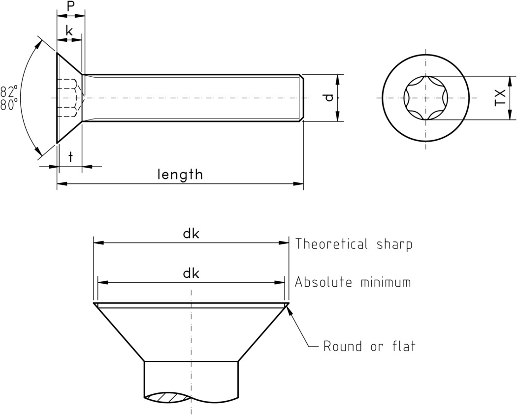 technical drawing of UNC Torx Countersunk Machine Screws, ASME B18.6.3