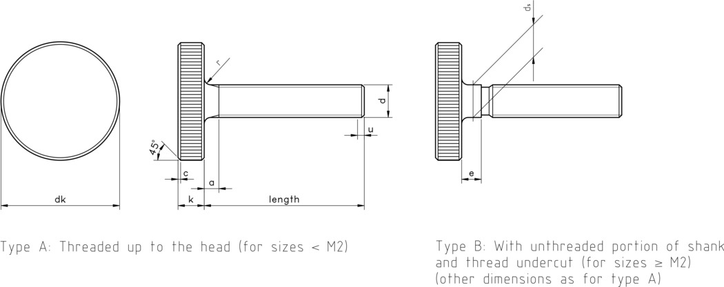 technical drawing of Knurled Thumb Screws (Low Type), to DIN 653