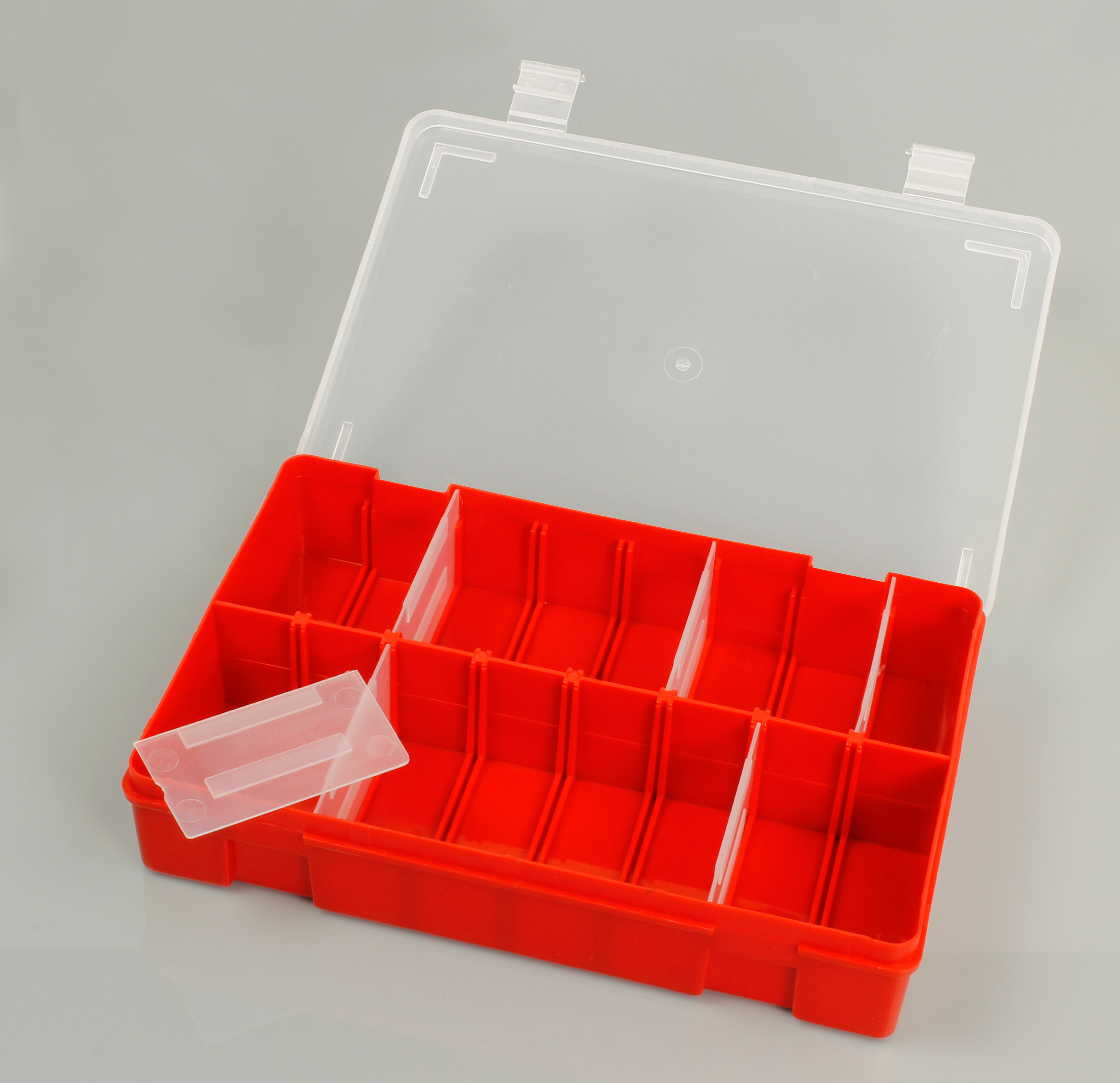 Red Storage Case 210mm with Transparent Lid and 8 Adjustable Compartments