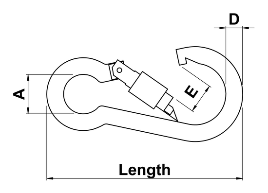 technical drawing of Carbine Hook Symmetrical Shape with Locking Nut