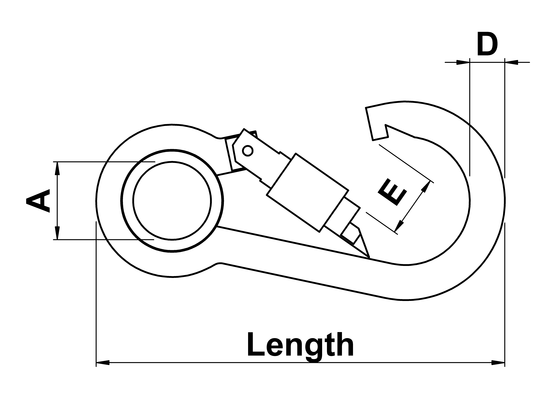 technical drawing of Carbine Hook Symmetrical Shape with Thimble and Locking Nut