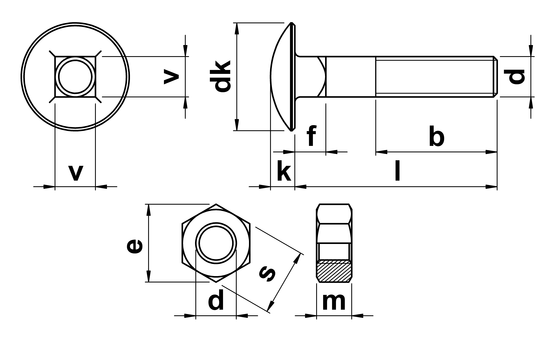 technical drawing of Carriage Bolts and Nuts DIN 603 (Bolt) DIN 934 (Nut)