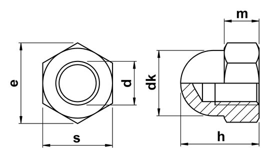 technical drawing of Dome Nuts Standard Pitch DIN 1587