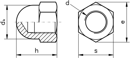 technical drawing of Dome Nuts with Fine Pitch DIN 1587