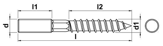 technical drawing of Dowel Screw (Hanger Bolt) with metric and wood thread, and central hex drive