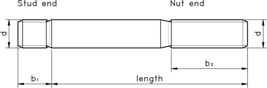 technical drawing of Engineering Studs with Thread Engagement 1.25 x Thread Diameter, DIN 939