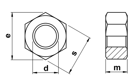technical drawing of Full Hex Nuts Standard Pitch - DIN 934 (ISO 4032)