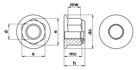 technical drawing of Hex Plain (Non-Serrated) Flange Nuts with Nylon Insert DIN 6926